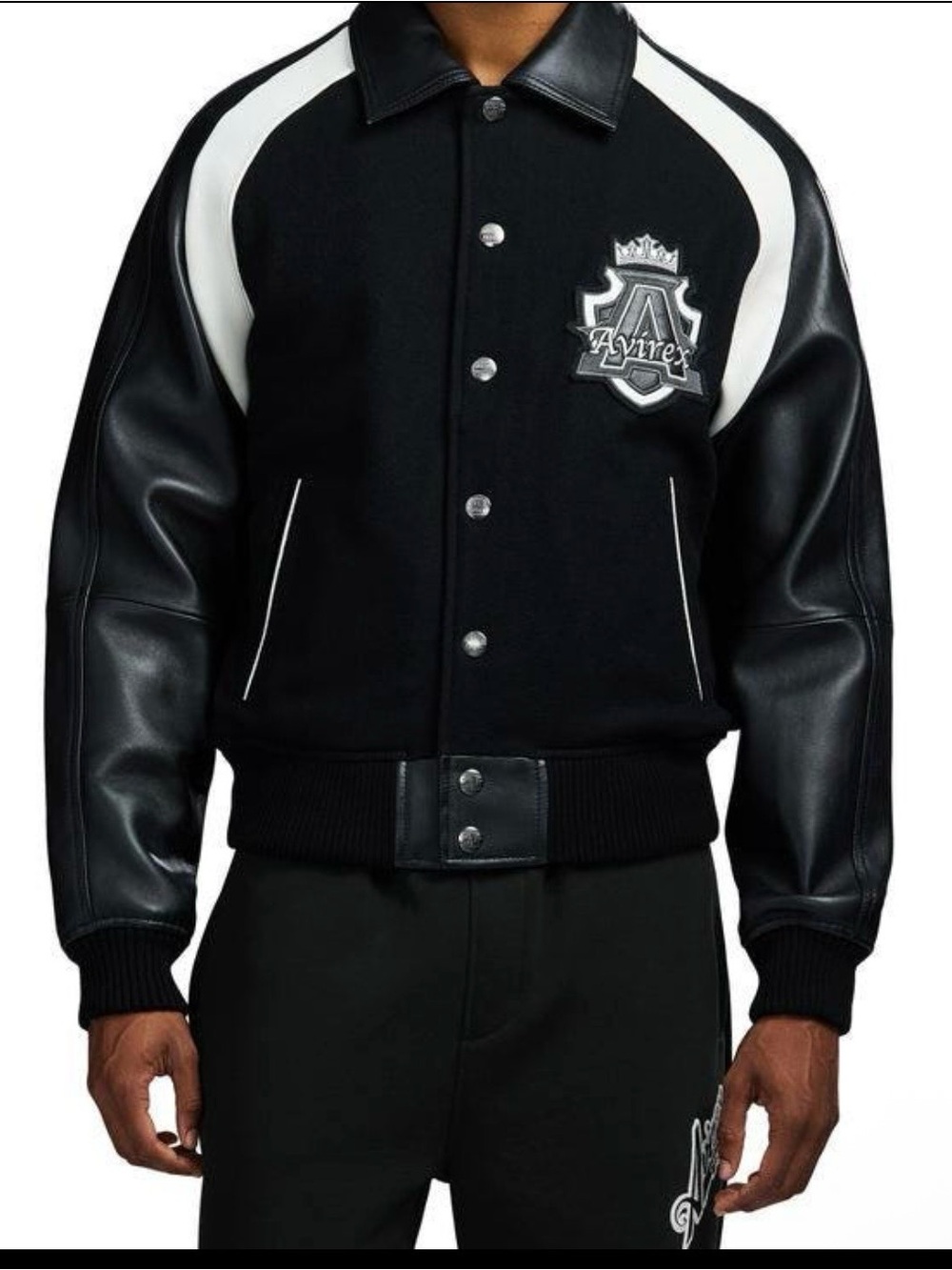 Avirex Black and White Leather-Sleeve Varsity Jacket